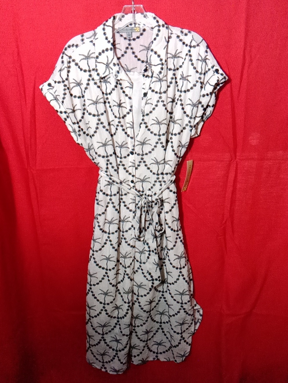 Tie-Waist Palm-Print Midi Shirt Dress in White
